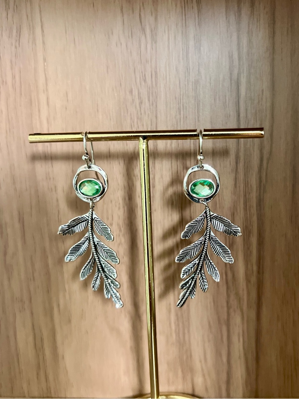Silver Leaf Drop Earrings with Green Stone
